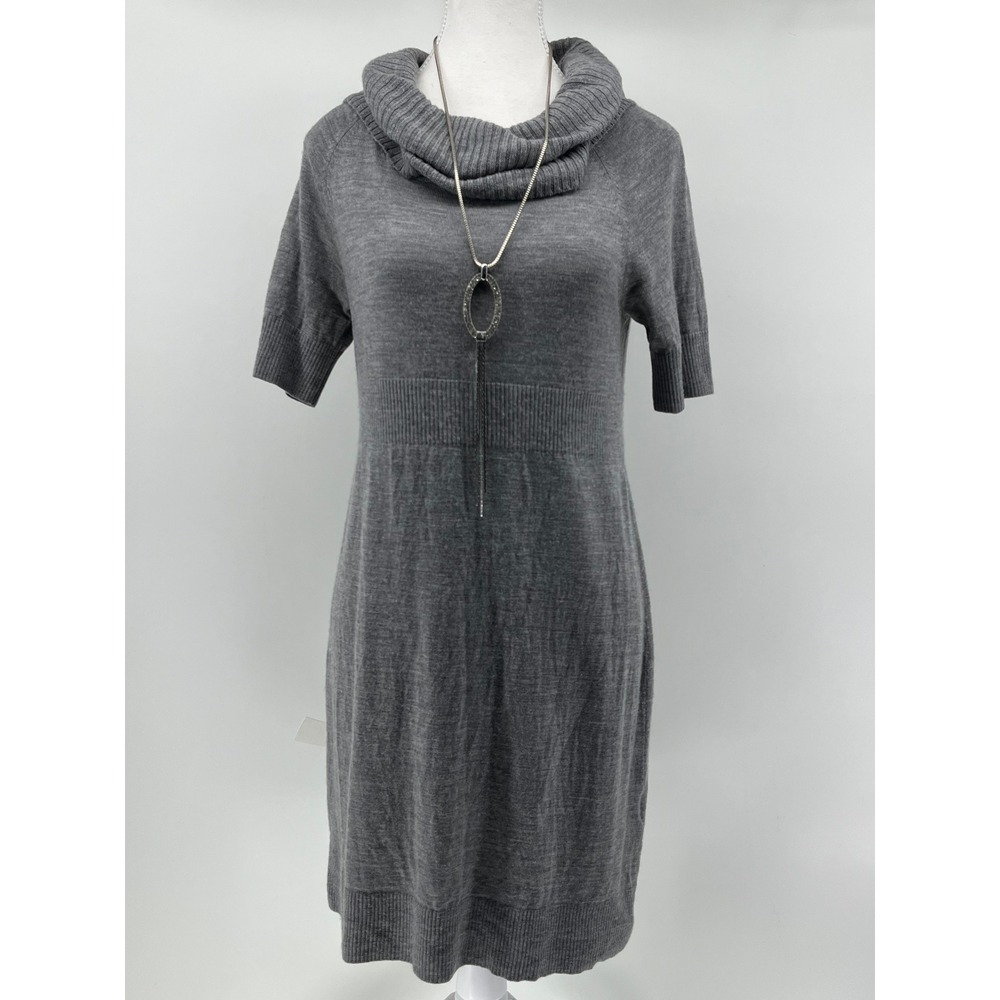 Lands End Gray Cowl Neck Short Sleeve Knit Sweater Dress S 6 8 100% Merino wool‎